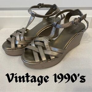 Vintage 1990’s Strappy Wedge Sandals by Cordani / Metallic Leather, Size 8